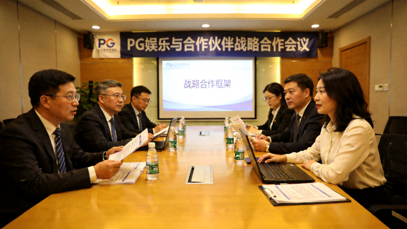 PG娱乐与合作伙伴战略合作会议现场 - 双方团队正在会议室中深入讨论合作细节